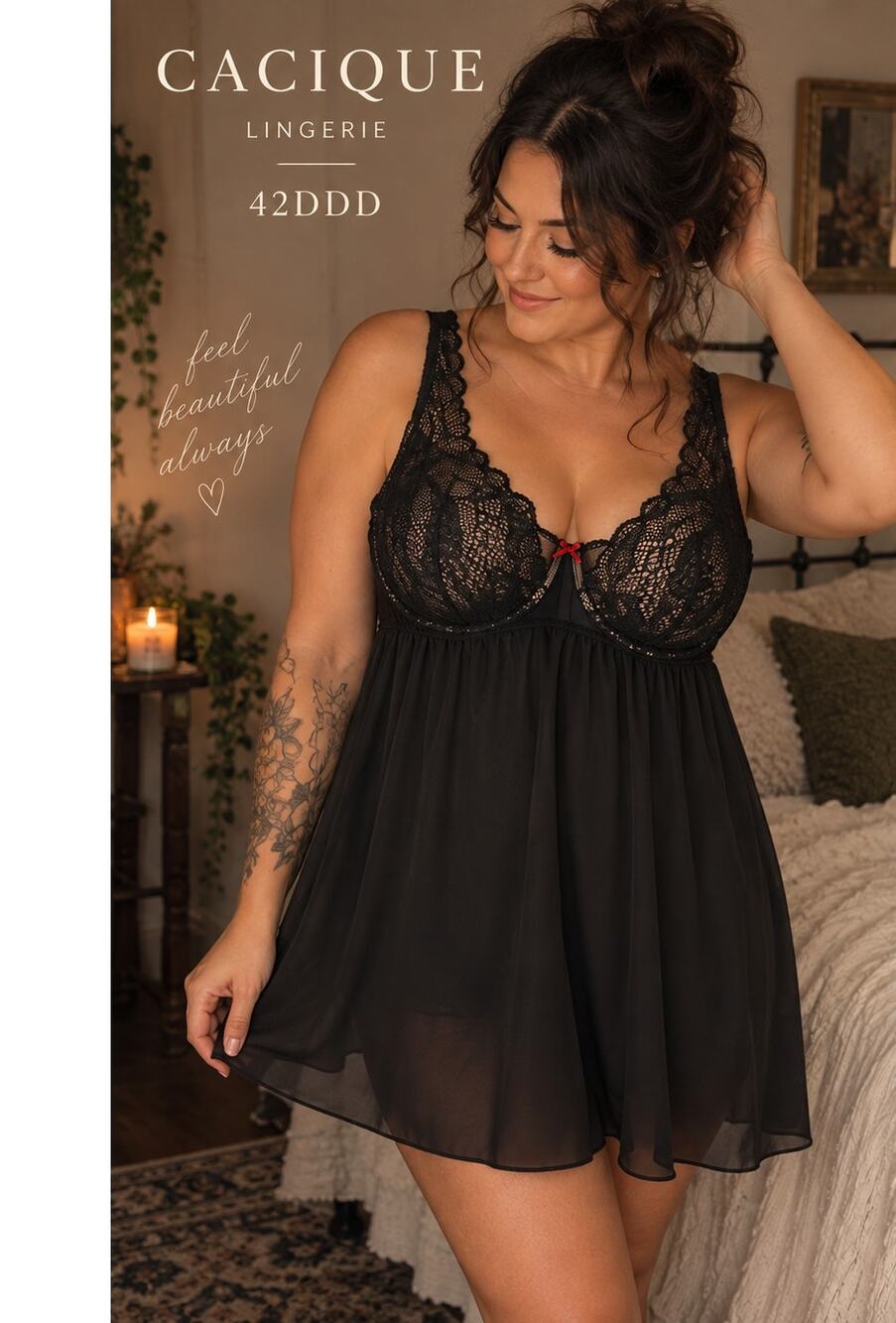 Cacique 42DDD Black Lace Underwire Babydoll Lingerie Chemise Romantic Date